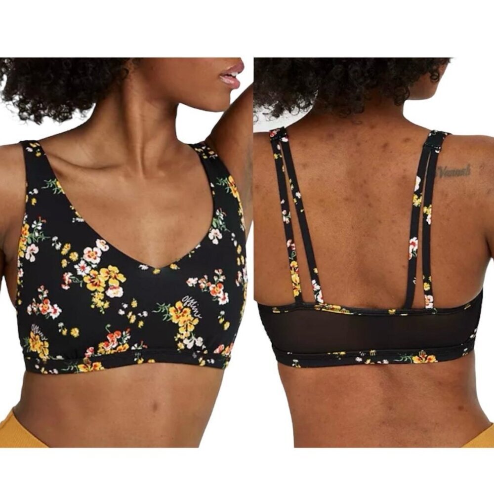 NWT Aerie Offline Floral Print Mesh Back Plunge Sports Bra Black Size Small